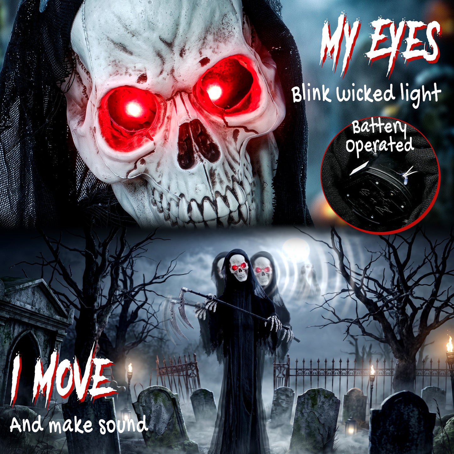183cm Life Size Animated Grim Reaper Halloween Decoration, Scary Halloween Animatronics Decor with Sound Touch Activated