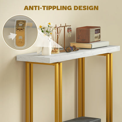 100 cm Console Table with Faux Marble Top, Narrow Entryway Table with Anti-tipping Device, White