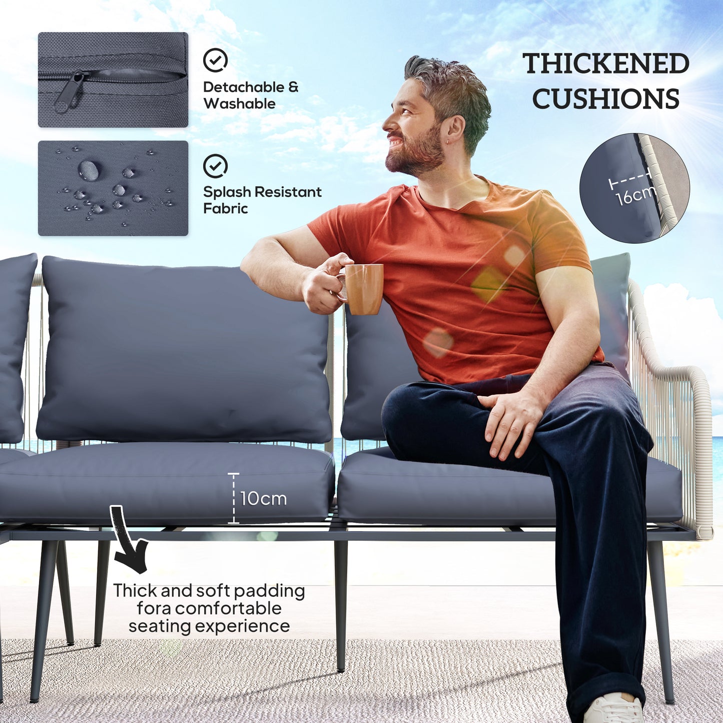 Six-Piece Rattan Strong Garden Sofa Set with Removable and Washable Covers - Grey