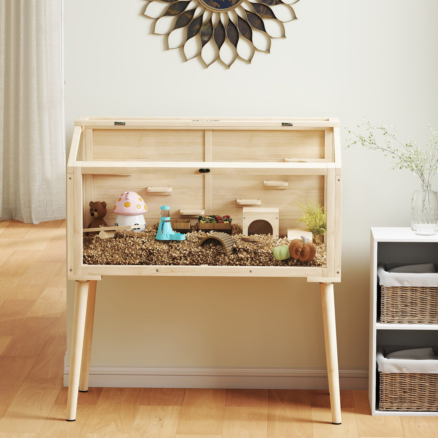 Wooden Hamster Cage, Hamster Habitat with Openable Top, Seesaws, Platforms, Water Bottle for Gerbils, 110 x 52 x 101 cm