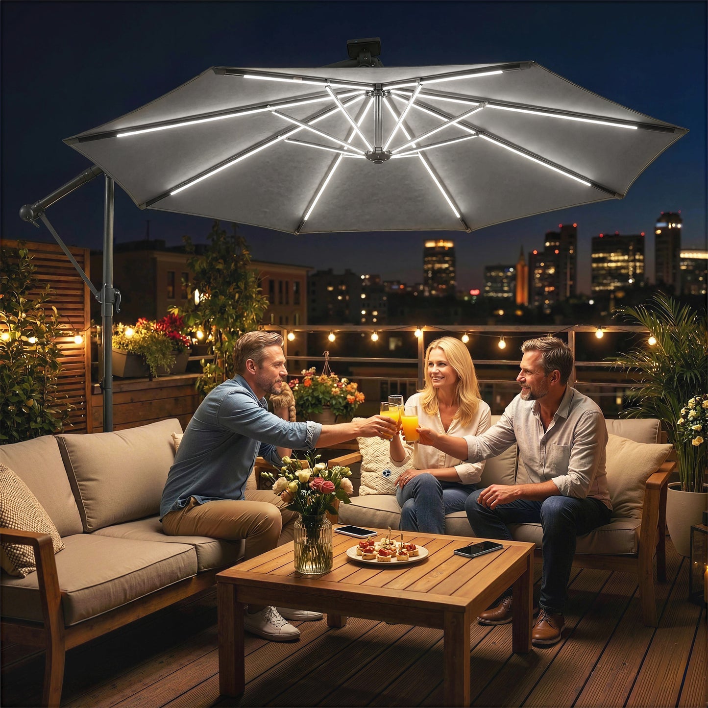 3 m Garden Cantilever Parasol with LED Solar Light, Round Overhanging Umbrella with 360° Rotation, Cover, Grey