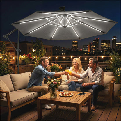 3 m Garden Cantilever Parasol with LED Solar Light, Round Overhanging Umbrella with 360° Rotation, Cover, Grey