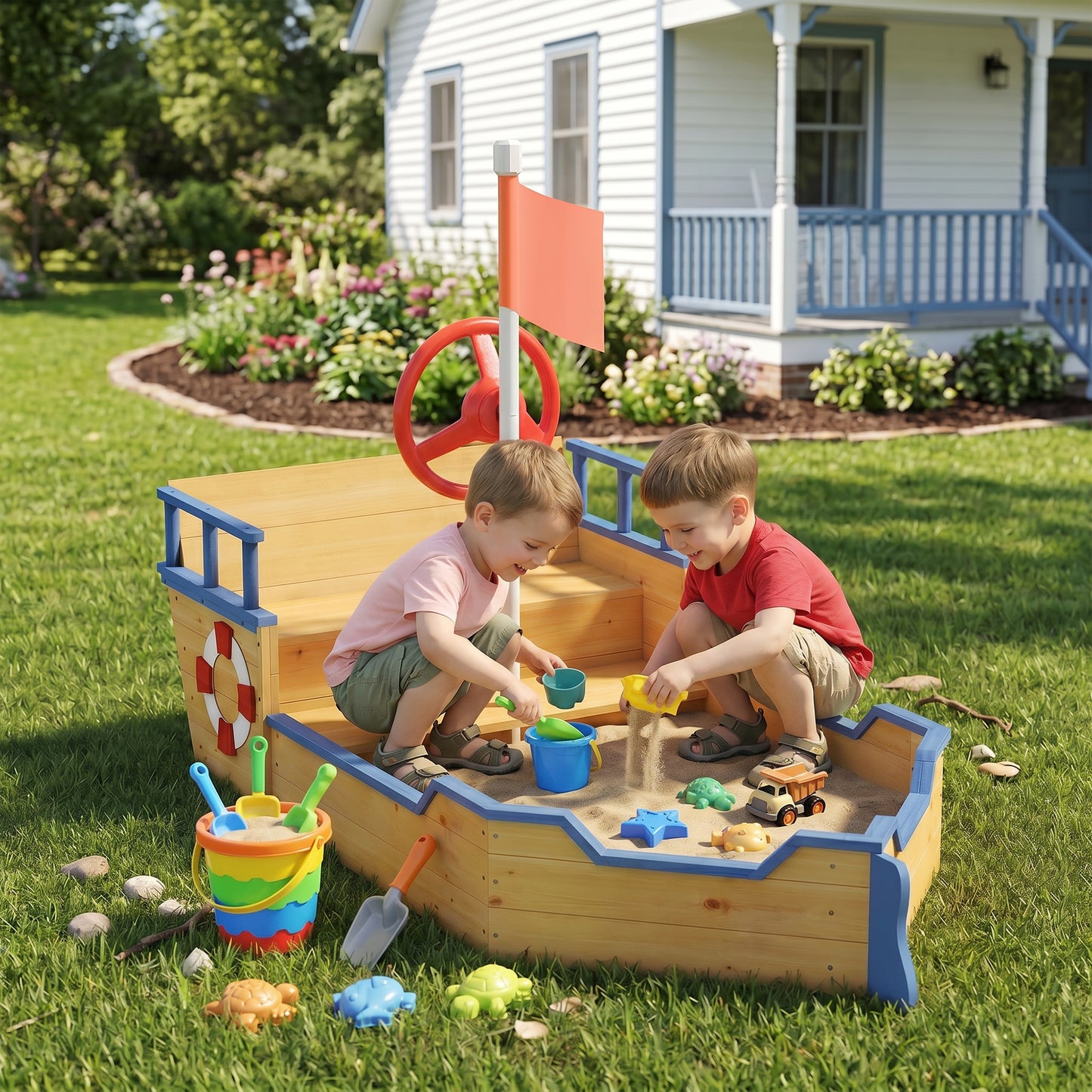 Kids Sand Pit, Children Pirate Ship Sandbox with Bench, Bottom Liner, Seat, Natural Wood Tone