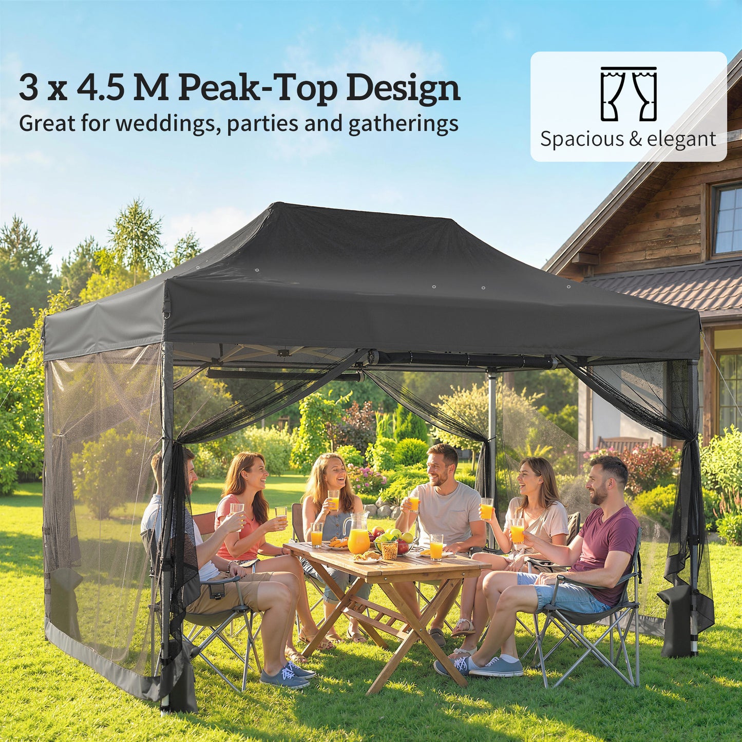 3 x 4.5 m Pop Up Gazebo with Mesh Nettings, UPF50+ Heavy Duty Outdoor Garden Party Tent Marquee, Black