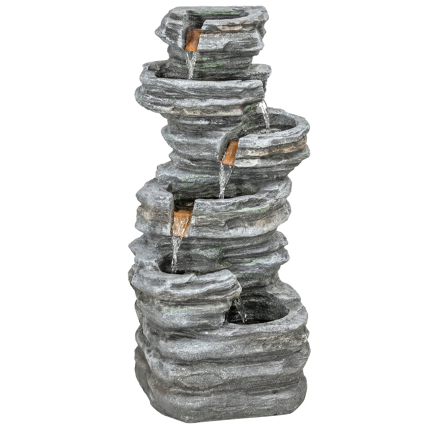 Outdoor Fountain, 6-Tier Cascading Waterfall Feature with LED Lights, Resin Freestanding Garden Fountain, Grey