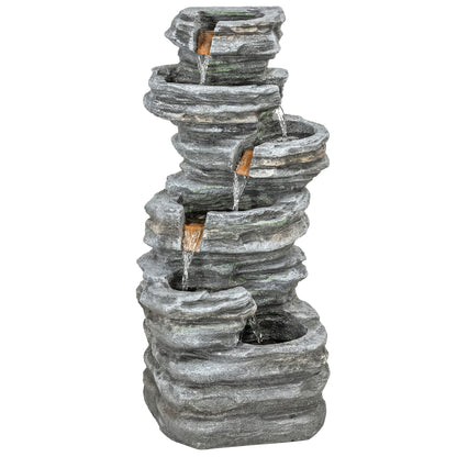 Outdoor Fountain, 6-Tier Cascading Waterfall Feature with LED Lights, Resin Freestanding Garden Fountain, Grey