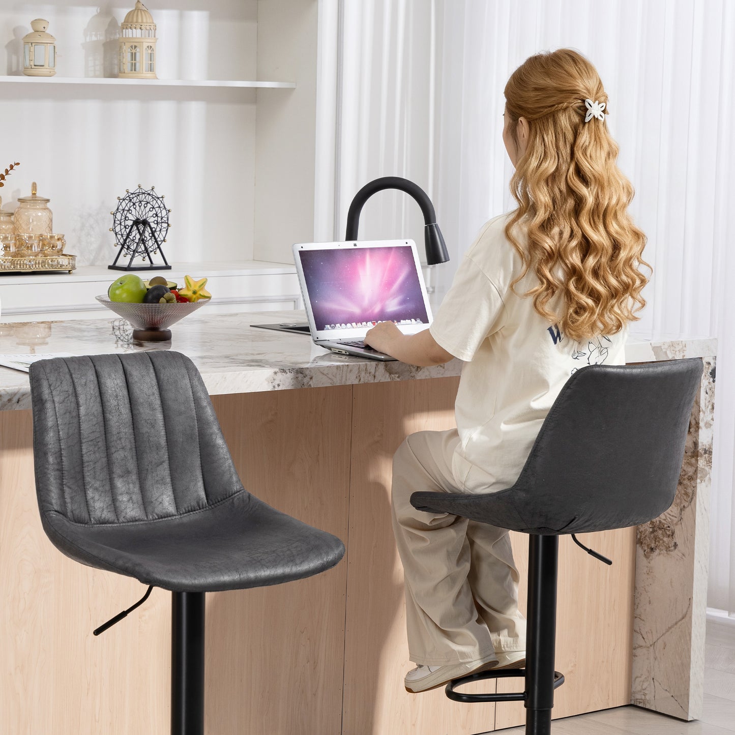 Set of 2 Leathaire Tub Bar Stools - Charcoal Grey