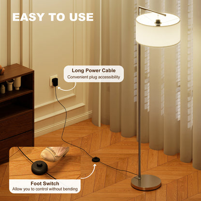 Floor Lamp, Modern Standing Lamp with Linen Lampshade, Round Base for Living Room, Bedroom, Dining Room, 153cm, Silver Tone