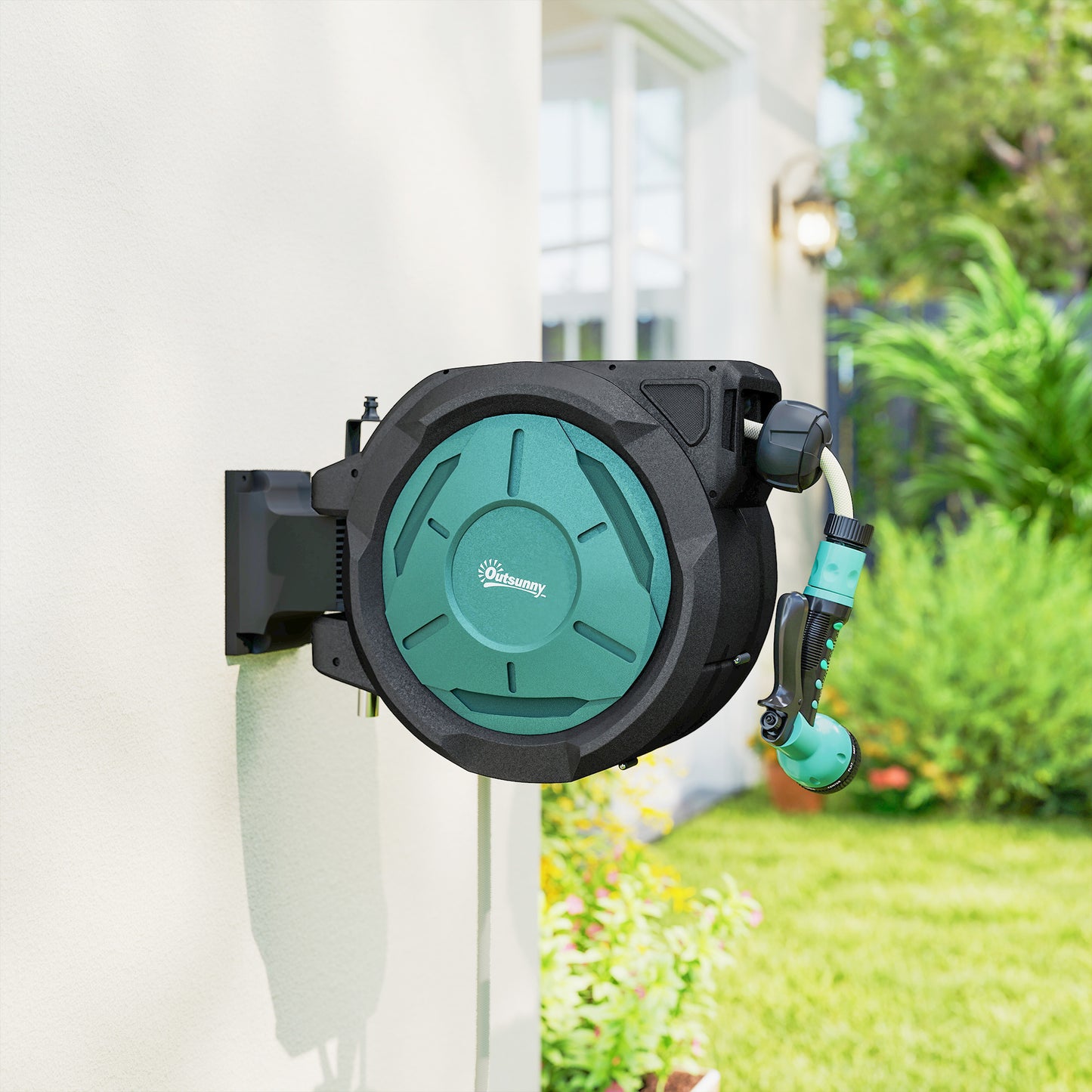 Retractable Hose Reel Wall Mounted, 20+2m Garden Hose Pipe Reel with Lock, Auto Rewind, 7 in 1 Spray Nozzle