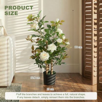 90cm Artificial Rose Tree, Decorative Fake Plant with 344 Silk Leaves 17 Flowers for Outdoor Indoor Decor, White