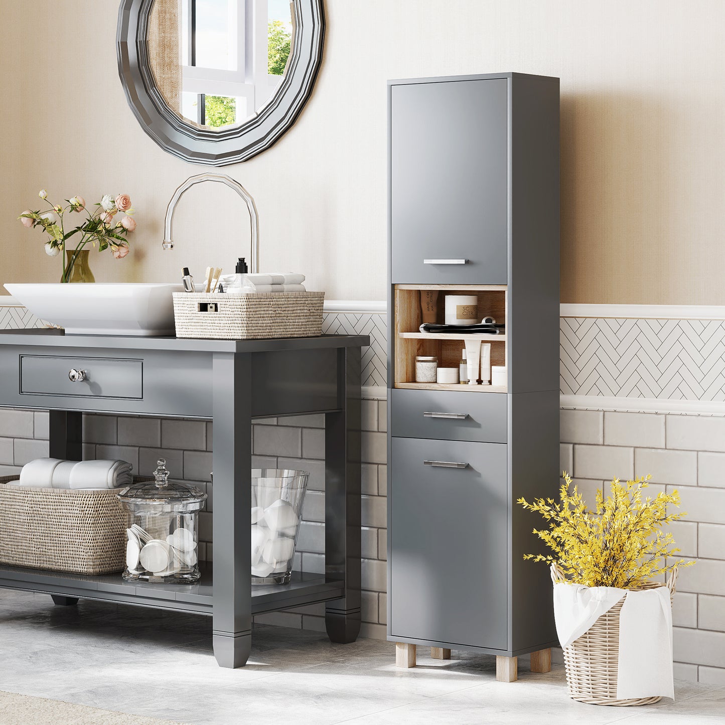 Tall Bathroom Storage Cabinet with MDF Triamine Board and Waterproof Sticker - Matte Grey