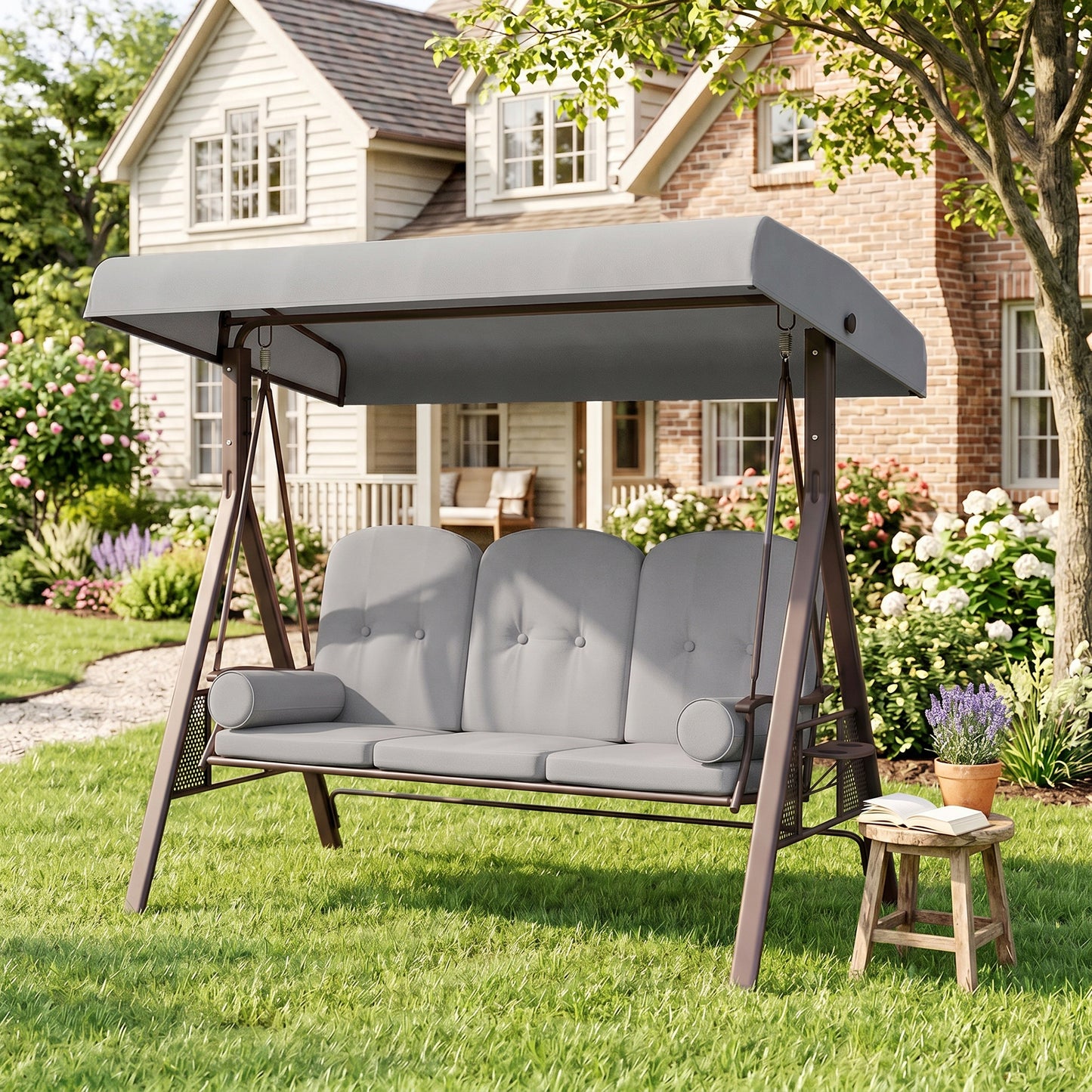 3 Seater Canopy Swing Chair, Outdoor Garden Swing Seat with Adjustable Canopy, Cushions and Cup Trays, Steel Frame