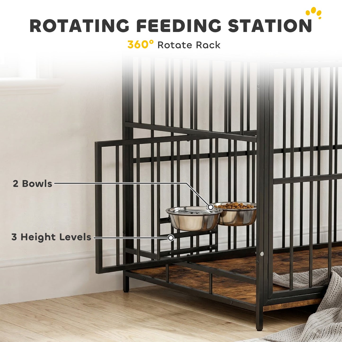 Dog Crate Furniture, Dog Cage with Rotatable Feeding Station and Storage Shelves, End Side Table Indoor Pet Kenne