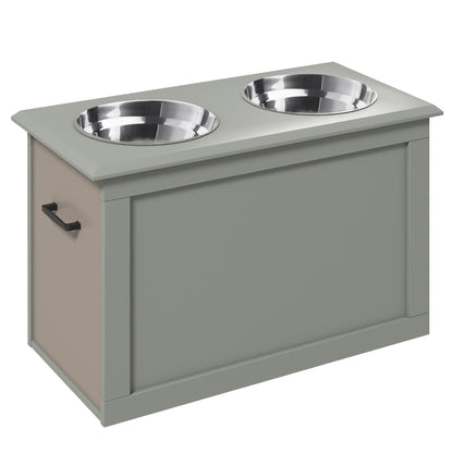 Raised Dog Bowls, with Storage, Two Stainless Steel Bowls, Elevated Base - Grey