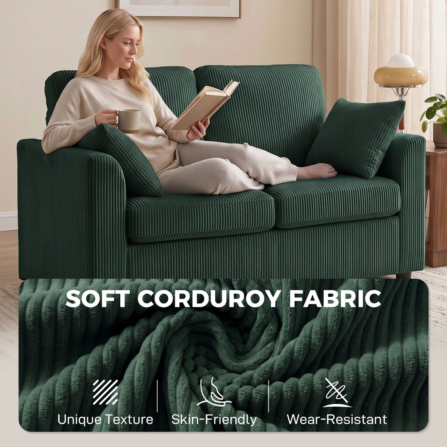 2 Seater Sofa, Corduroy Small Couch with Spring Cushion, Wide and Deep Seat, Dark Green
