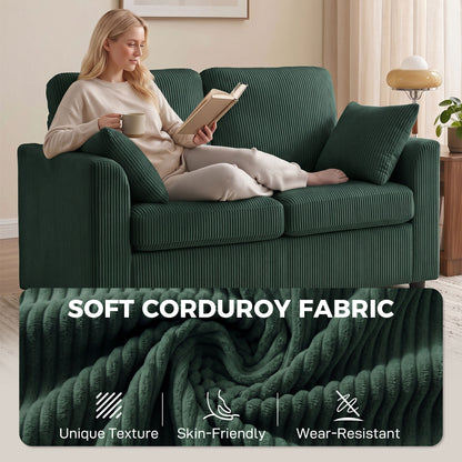 2 Seater Sofa, Corduroy Small Couch with Spring Cushion, Wide and Deep Seat, Dark Green
