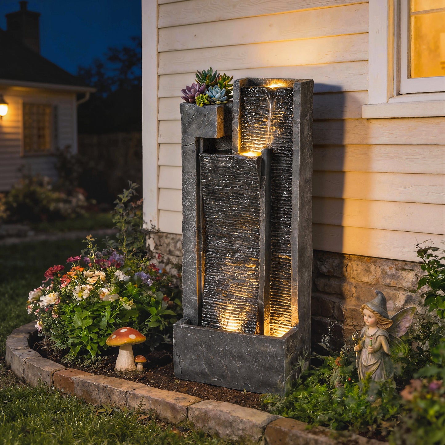 Water Feature with LED Lights and Planter, 3-Tier Garden Water Fountain with Pump, Resin Waterfall Feature, Dark Grey