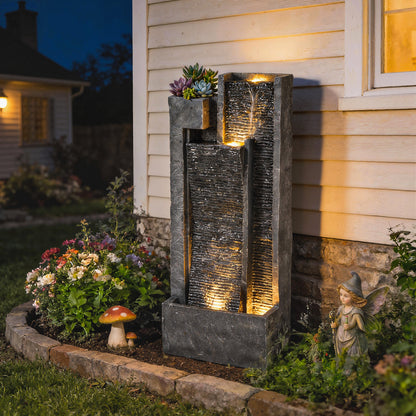Water Feature with LED Lights and Planter, 3-Tier Garden Water Fountain with Pump, Resin Waterfall Feature, Dark Grey