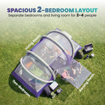 Inflatable Tent 2 Bedroom Tunnel Design Windproof Air Tent with Carry Bag for 4 Person