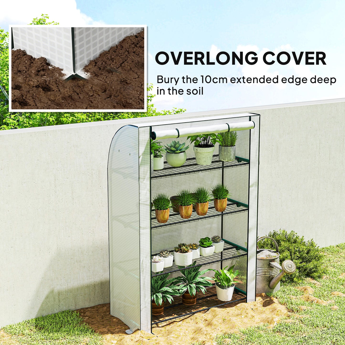 Mini Greenhouse with Reinforced PE Cover, Portable Indoor Outdoor Green House with Roll-up Door, 170 x 120 x 50cm, White