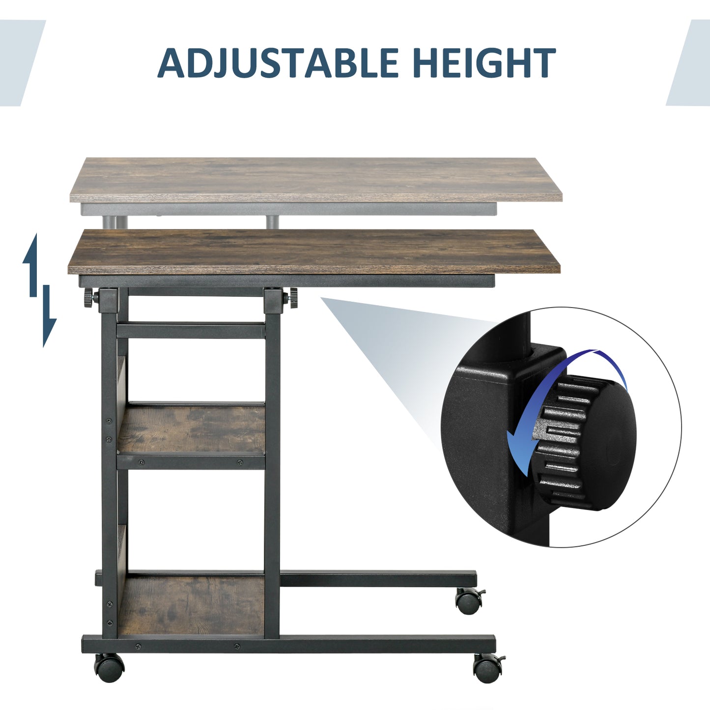 C-Shaped Side Table Industrial Mobile Rolling End Desk with 3-Tier Storage Shelving, Adjustable Height, Wheels