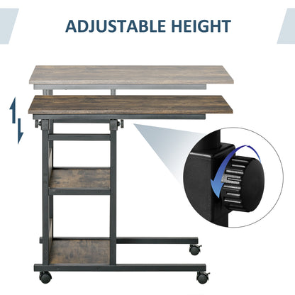 C-Shaped Side Table Industrial Mobile Rolling End Desk with 3-Tier Storage Shelving, Adjustable Height, Wheels