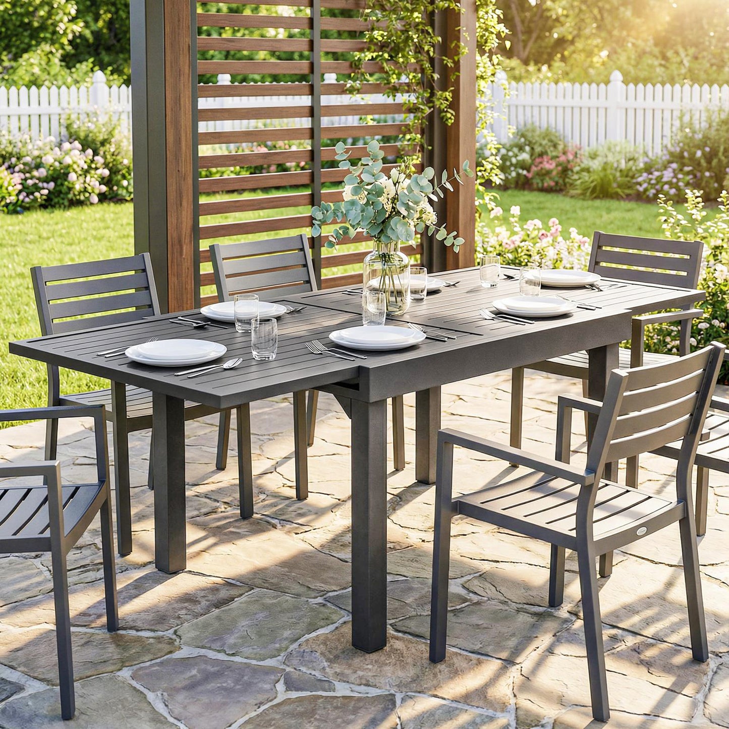 Extending Garden Table for 4-8 People, Aluminium Outdoor Dining Table with Slatted Top, Dark Grey