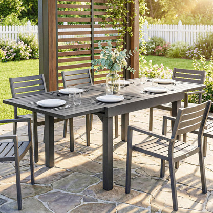 Extending Garden Table for 4-8 People, Aluminium Outdoor Dining Table with Slatted Top, Dark Grey