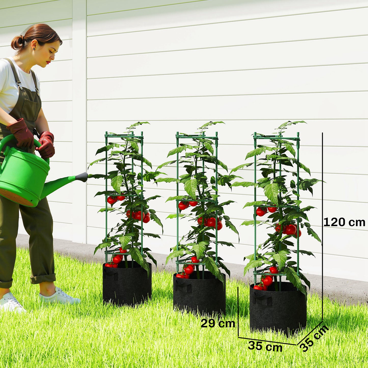 3 Packs Tomato Cages with 83.7L Grow Bags, 120cm Adjutstable Triangle Plant Stakes Support Trellis with Planter Bags