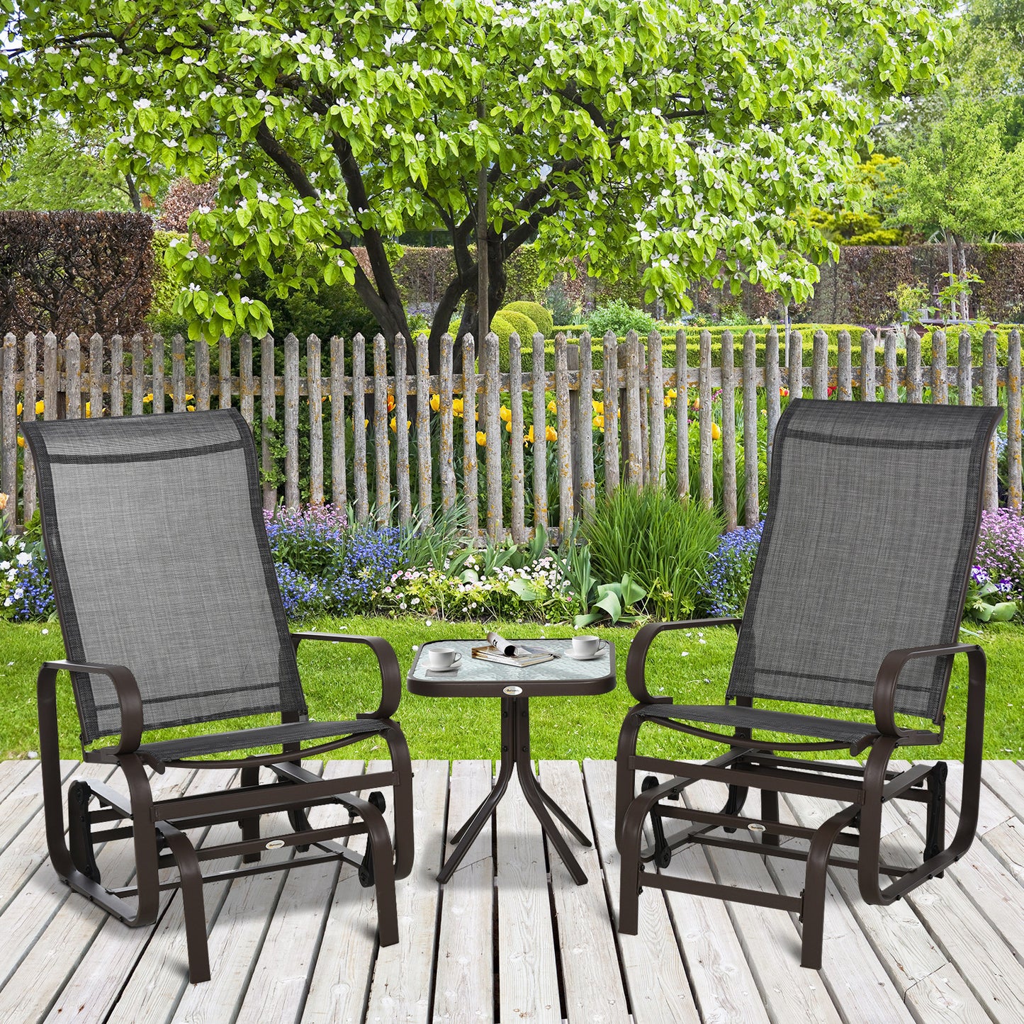3 Pieces Garden Gliding Chair Set, Metal Frame 2 Single Armchair Swing Seater and 1 Glass Top Coffee Table w/ Breath Mesh Fab