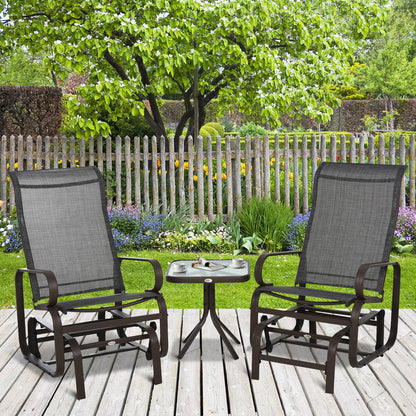 3 Pieces Garden Gliding Chair Set, Metal Frame 2 Single Armchair Swing Seater and 1 Glass Top Coffee Table w/ Breath Mesh Fab