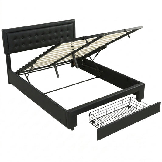 PU Leather King Size Ottoman Bed Frame, with Front Drawer - Black
