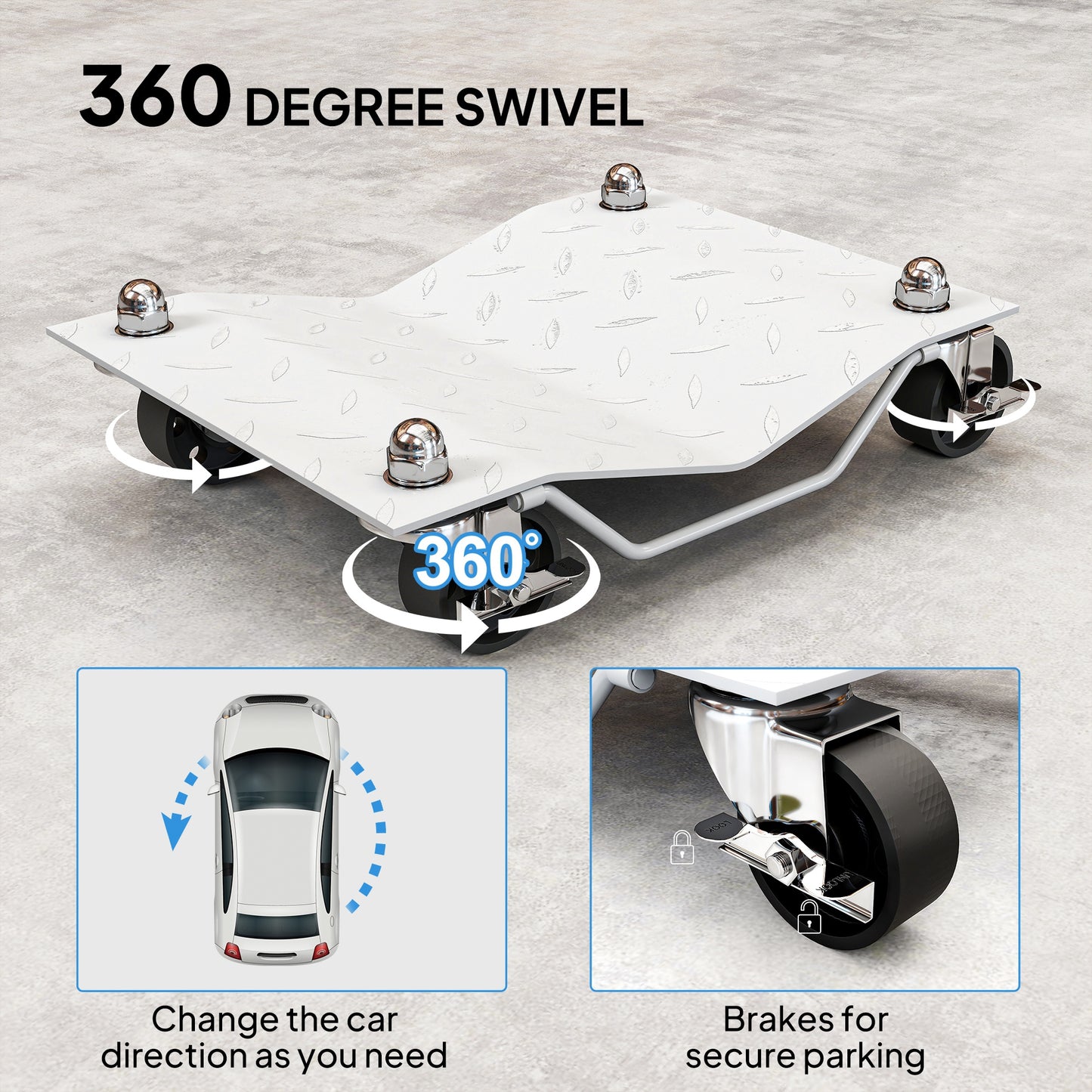 Two-Piece Car Wheel Dolly with Swivel Casters, Non-Slip Metal Plates, 680kg Capacity, Grey