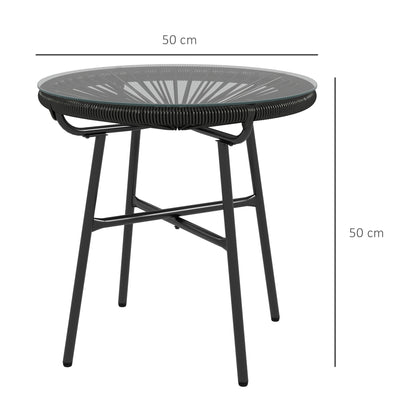 Rattan Side Table, Round Outdoor Coffee Table, with Round PE Rattan and Tempered Glass Tabletop for Patio, Garden, Balcony