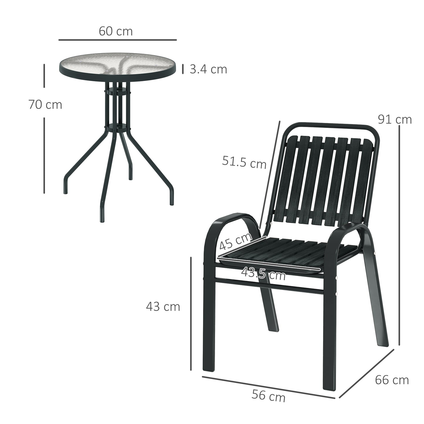 3 Pieces Patio Bistro Set with Stackable Chairs, Tempered Glass Table, for Outdoor, Balcony, Patio, Garden Charcoal Grey