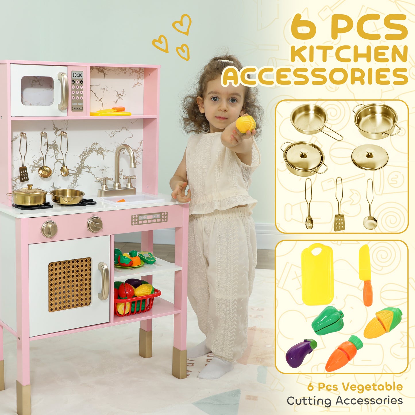 Kitchen Playset with Pretend Play Cooking Accessories, Play Kitchen with Oven, Microwave and Sink, Pink