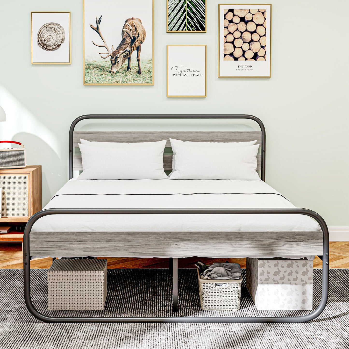 4ft6 Double Bed Frame, Industrial Style Metal Platform Bed Frame with Under Bed Storage, No Box Spring Needed, Easy Assembly