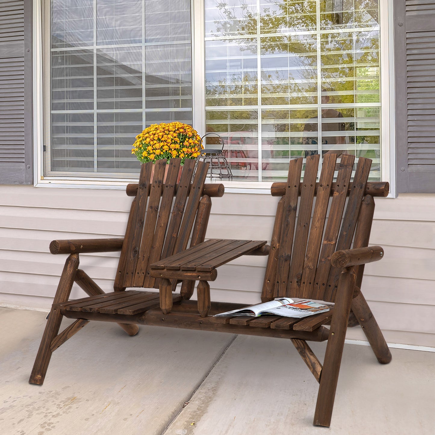 Wood Patio Chair Bench 2 Seats Jack and Jill Seat w/ Center Coffee Table, Garden Bench, Carbonized