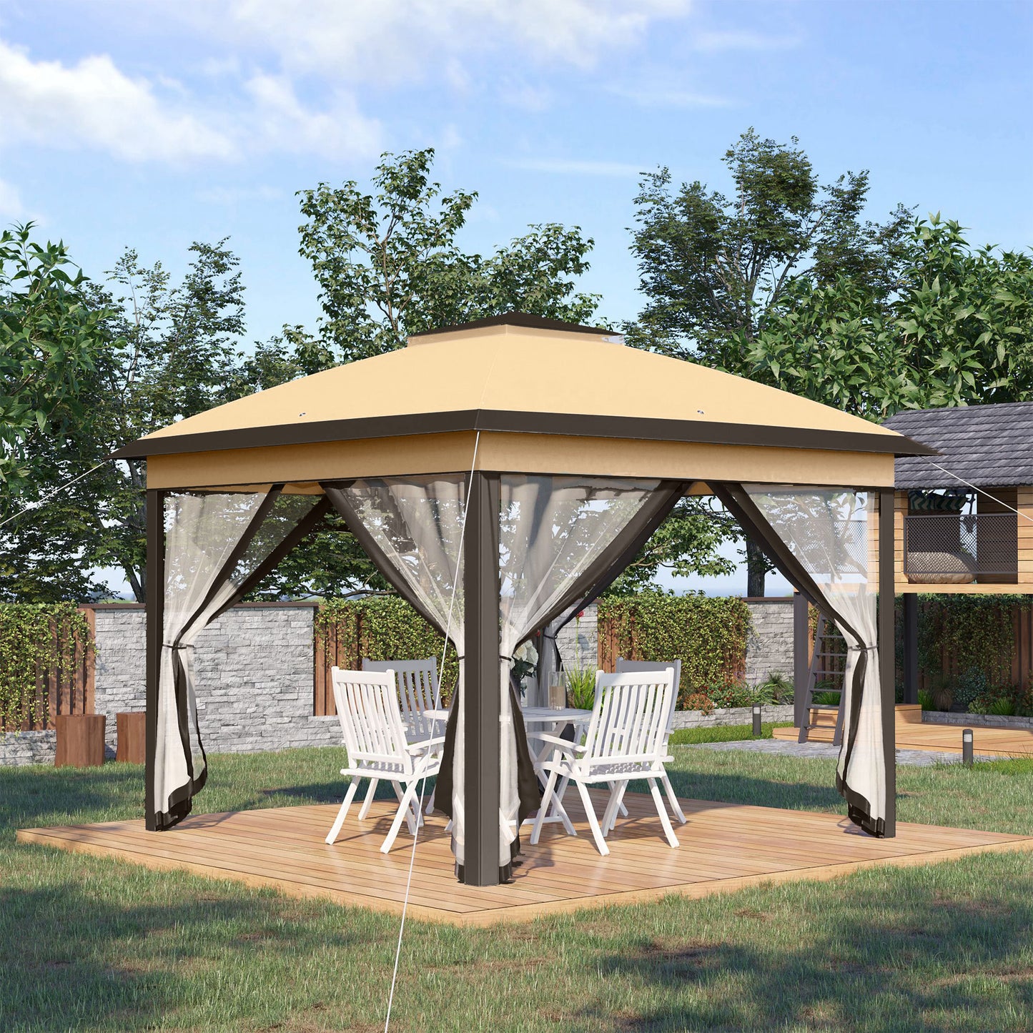 3.3 x 3.3m Pop Up Gazebo, Double Roof Foldable Canopy Tent with Zipped Mesh Sidewalls, Height Adjustable and Carrying Bag
