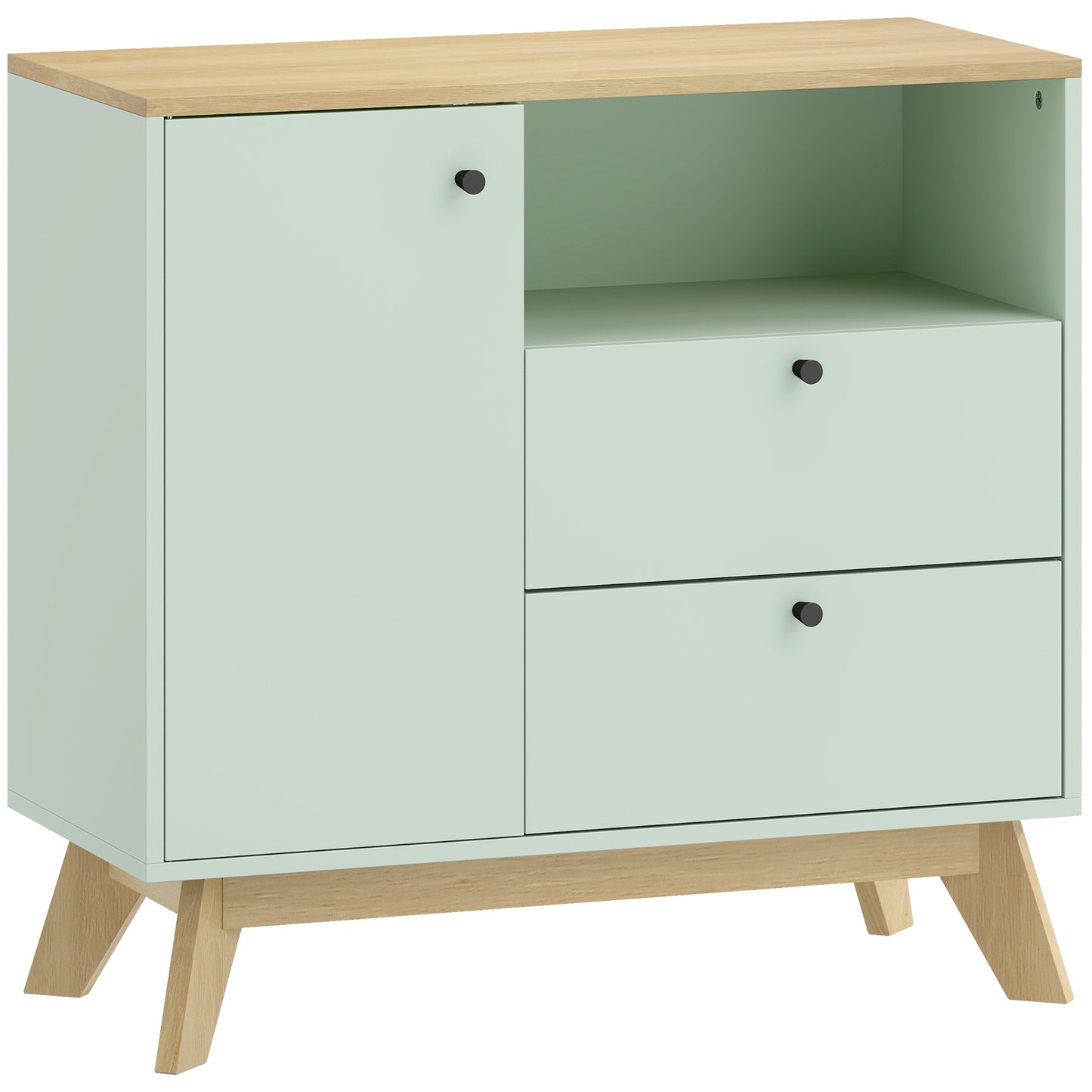 Sideboard Storage Cabinet, 80 cm Buffet Cabinet with 2 Drawers, Open Compartment, Adjustable Shelf, Light Green and Oak