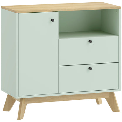 Sideboard Storage Cabinet, 80 cm Buffet Cabinet with 2 Drawers, Open Compartment, Adjustable Shelf, Light Green and Oak