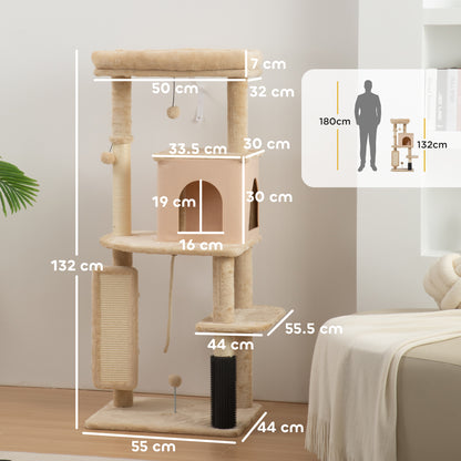 132cm Cat Tree w/ Scratching Posts, Pad, Cat Bed, Cat House, Jumping Platform, Grooming Brush, Anti-Tip Kit, Beige