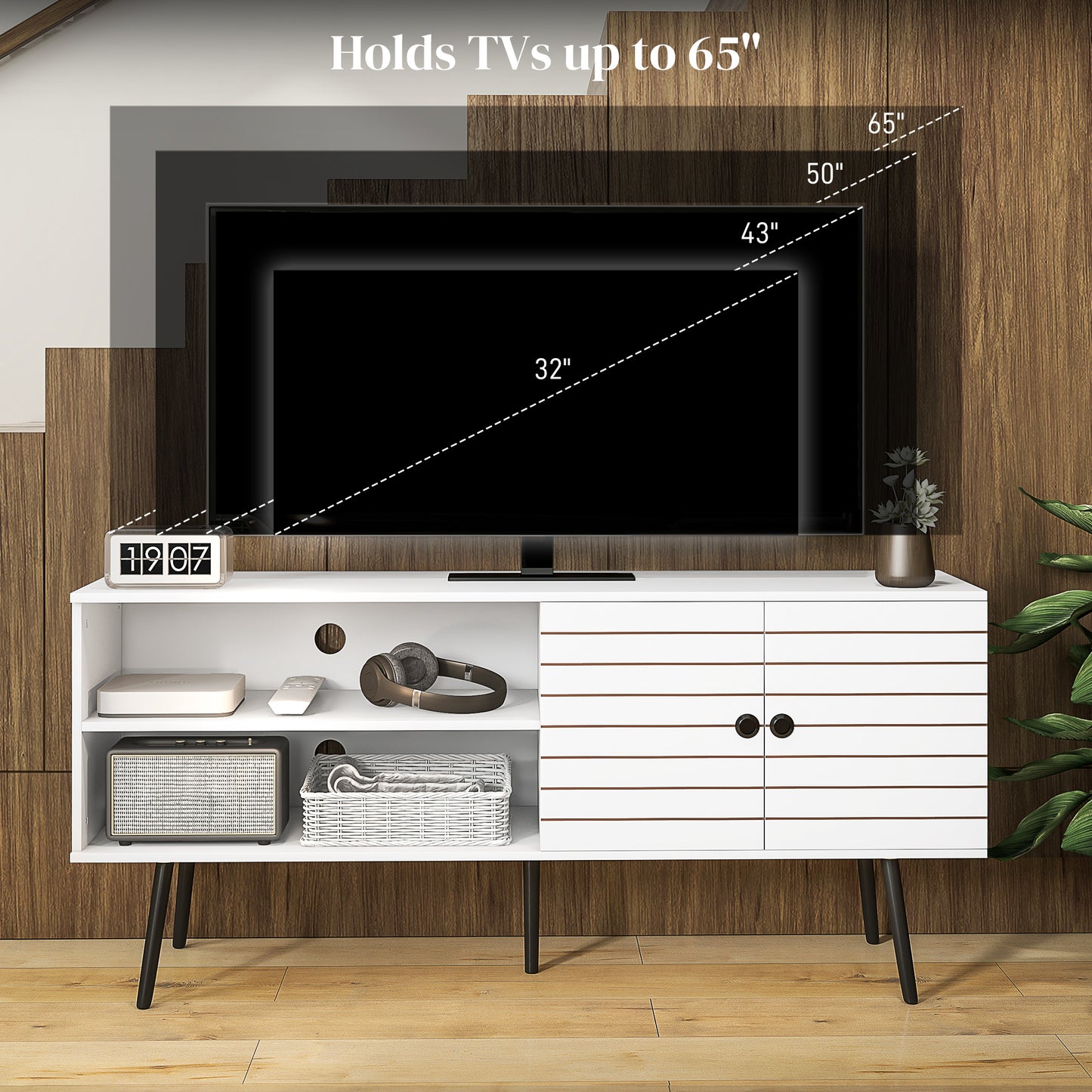 TV Stand with Cupboard, Open Shelves, Striped Doors, Wooden legs, White