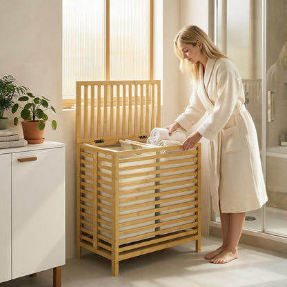 Bamboo Laundry Basket with Lid, 2 Baskets, Foldable, 64L, Natural and Cream White