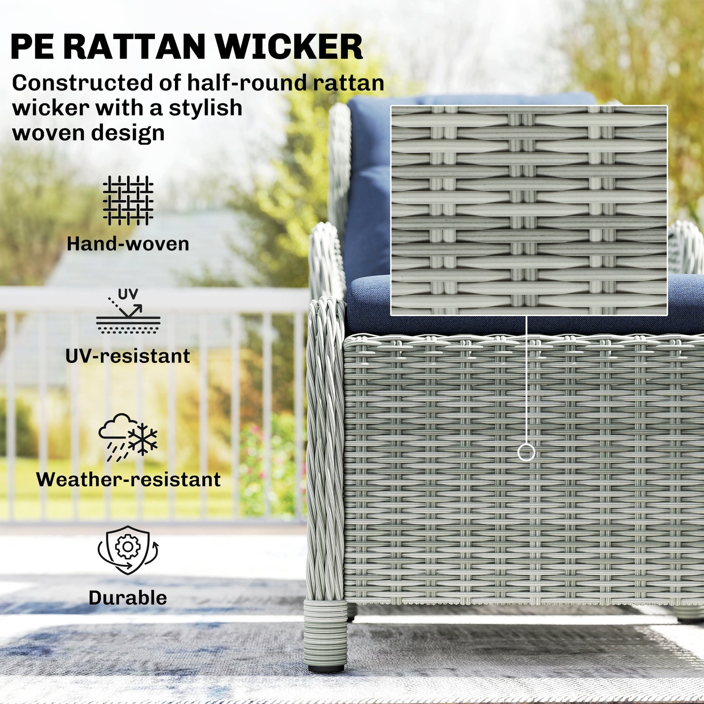5 Piece Garden Furniture Set, Rattan Reclining Garden Chair Set of 2 with Footstool and Cushion for Balcony, Dark Blue
