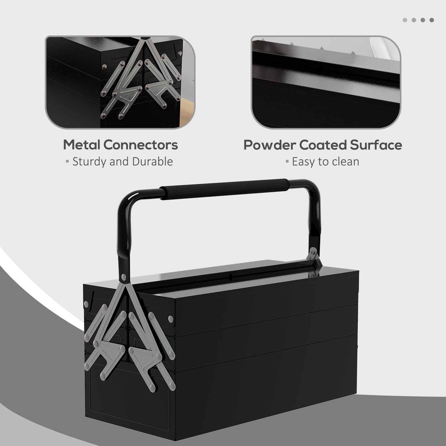 3 Tier Metal Toolbox, 5 Tray Professional Portable Tool Box with Carry Handle for Workshop, 45cmx20cmx34.5cm, Black