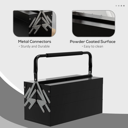 3 Tier Metal Toolbox, 5 Tray Professional Portable Tool Box with Carry Handle for Workshop, 45cmx20cmx34.5cm, Black