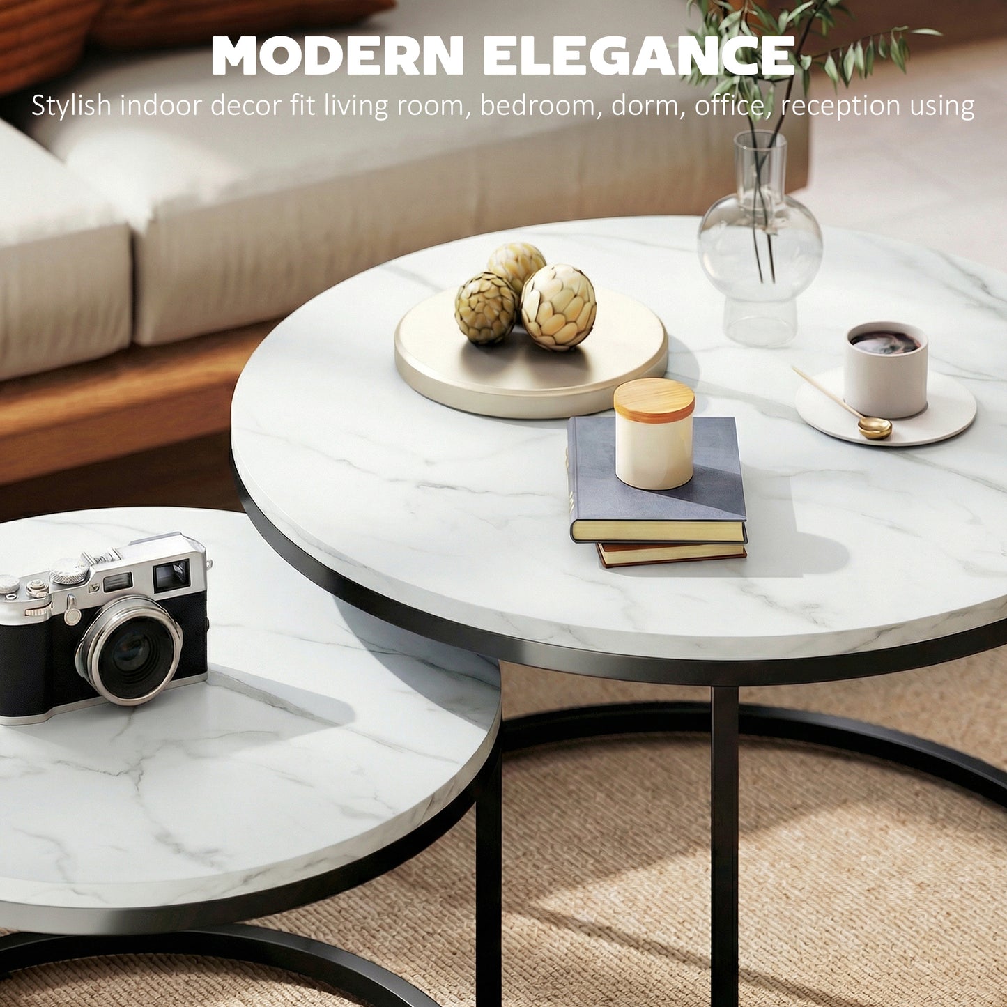 Set of Two Marble-Effect Stacking Tables - White
