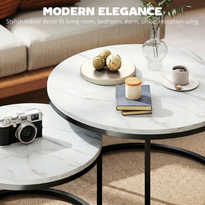 Set of Two Marble-Effect Stacking Tables - White