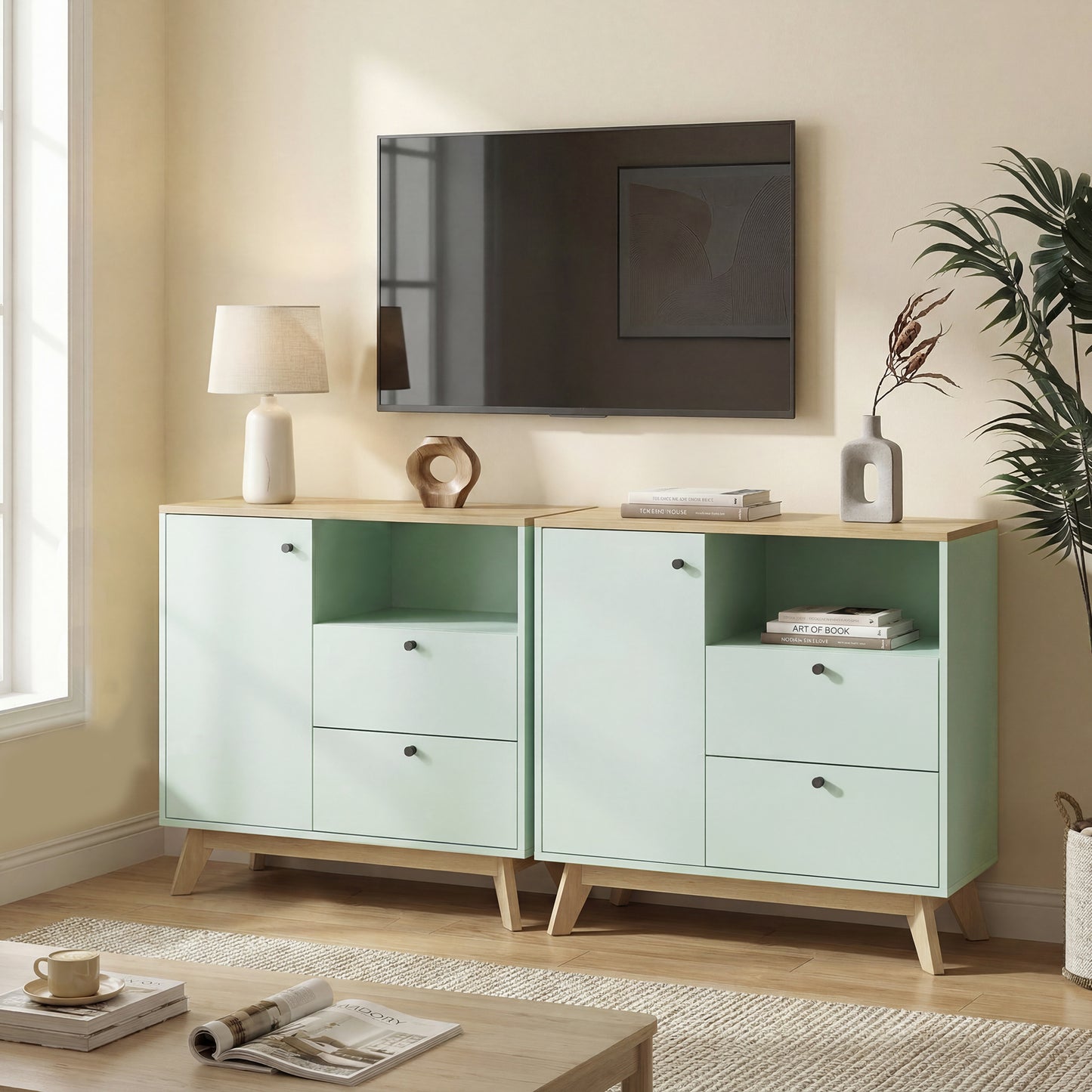Sideboard Storage Cabinet, 80 cm Buffet Cabinet with 2 Drawers, Open Compartment, Adjustable Shelf, Light Green and Oak